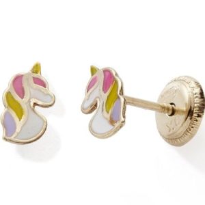 achetez Boucles d'oreilles tête de licorne colorée (or jaune 375°) Baby bijoux au meilleur prix en promo