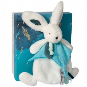 achetez Doudou plat avec coffret lapin bleu-vert Happy Pop Doudou et Compagnie au meilleur prix en promo