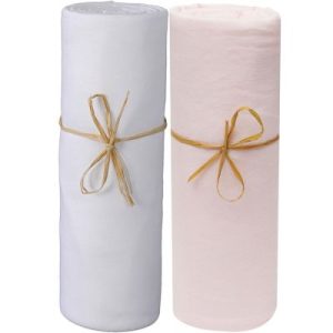 achetez Lot de 2 draps housses en coton bio blanc et rose poudré (60 x 120 cm) P'tit Basile au meilleur prix en promo