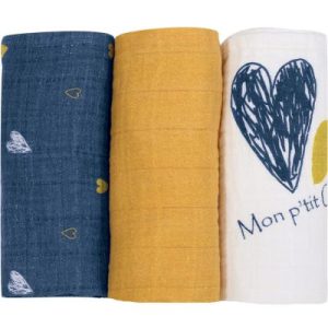 achetez Lot de 3 langes en coton Mon p'tit coeur Trois Kilos Sept au meilleur prix en promo