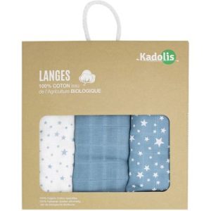 achetez Lot de 3 langes en coton bio Étoile bleu (60 x 60 cm) Kadolis au meilleur prix en promo