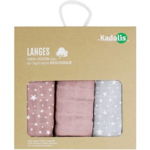 achetez Lot de 3 langes en coton bio Étoile rose (60 x 60 cm) Kadolis au meilleur prix en promo