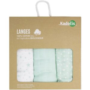 achetez Lot de 3 langes en coton bio Étoile vert d'eau (60 x 60 cm) Kadolis au meilleur prix en promo
