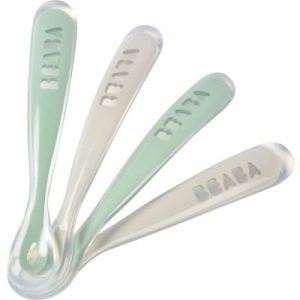 achetez Lot de 4 cuillères 1er âge en silicone gris et vert sauge Béaba au meilleur prix en promo