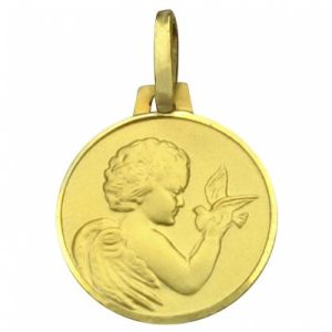 achetez Médaille ronde Ange à la colombe 14 mm bord brillant (or jaune 750°) Premiers Bijoux au meilleur prix en promo